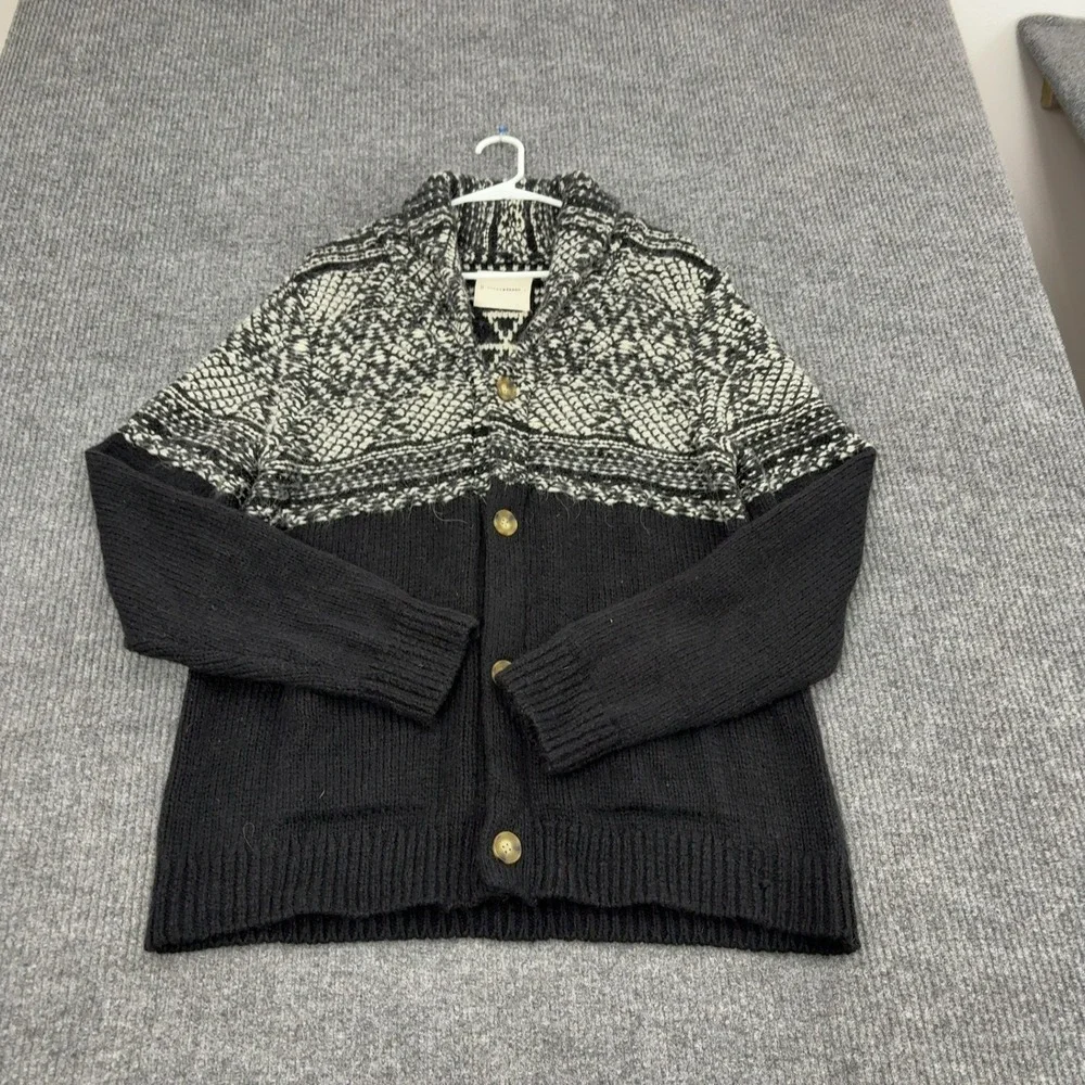 Lucky Brand Cardigan Mens L Black Wool Blend Fair Isle Shawl Collar Boho Style